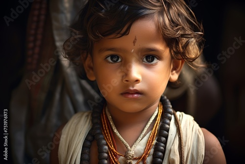 Photo capturing the innocence and purity of a young Brahmin child, dressed in traditional attire, with a sacred thread across the chest, marking their Brahmin lineage