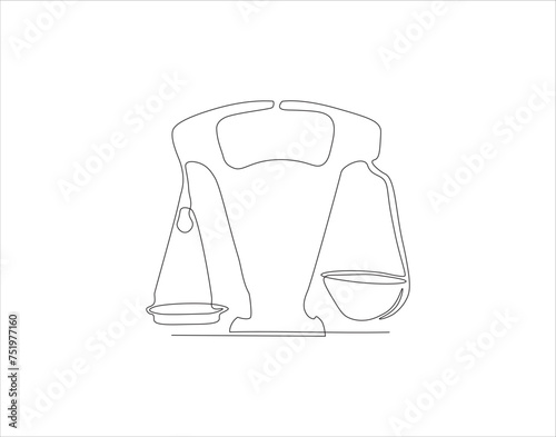 Continuous Line Drawing Of Law Balance And Scale Of Justice. One Line Of Symbol Of Equality. Balance Scales Continuous Line Art. Editable Outline.