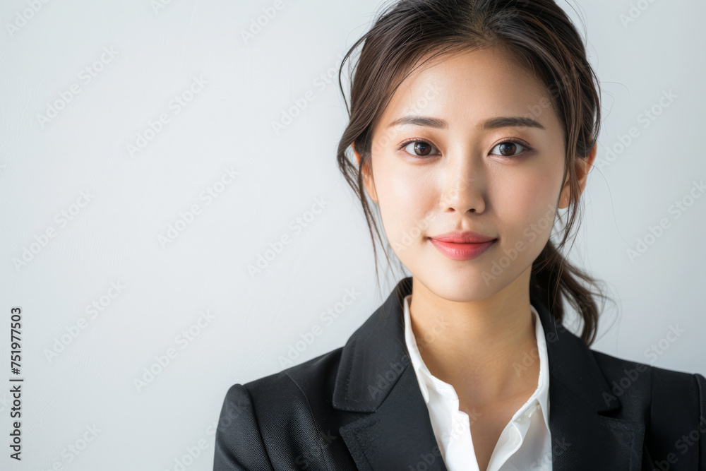 Beautiful studio portrait of young, stylish asian executive businesswoman wearing black blazer suit, looking at camera with confidence on white background Beautiful studio portrait of young, stylish asian executive businesswoman wearing black blazer suit, looking at camera with confidence on white background
