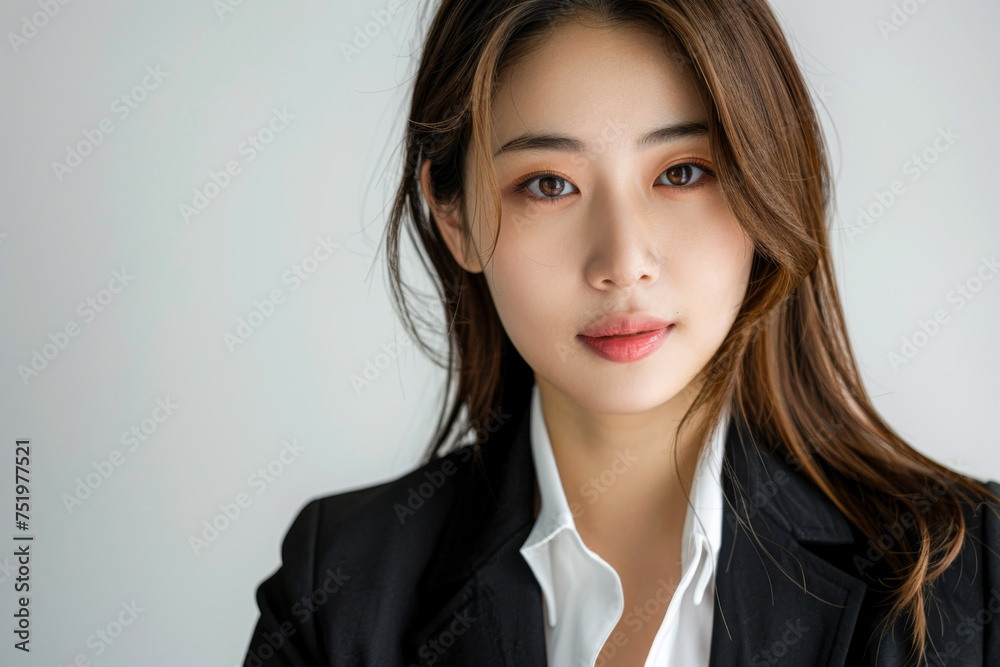 Beautiful studio portrait of young, stylish asian executive businesswoman wearing black blazer suit, looking at camera with confidence on white background Beautiful studio portrait of young, stylish asian executive businesswoman wearing black blazer suit, looking at camera with confidence on white background