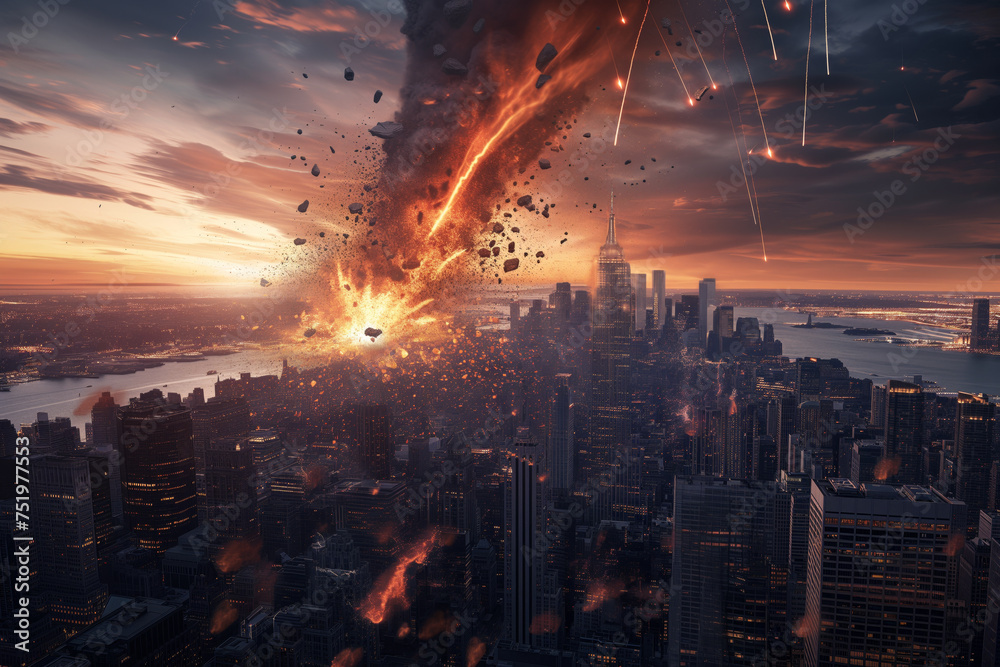 Fototapeta premium Urban Collision: Meteor Explosion in New York