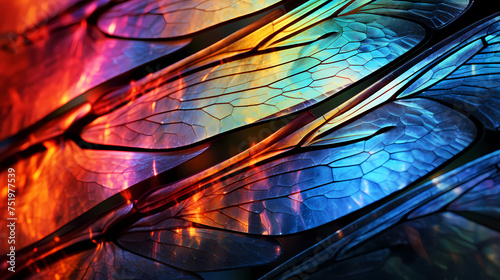 Psychedelic dragonfly wings under microscope colorful abstract texture