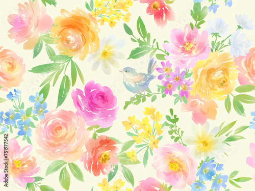 Watercolor-style seamless pattern with roses, wildflowers, and birds © Sawango