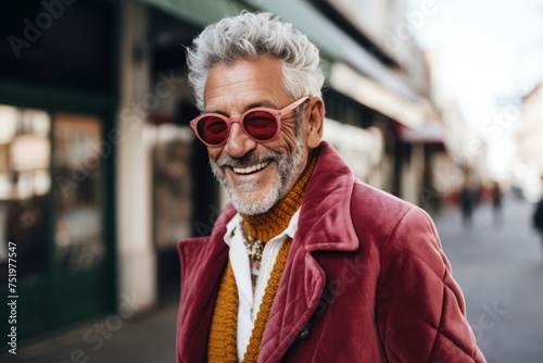 Smiling senior man in red sunglasses and coat walking on the street