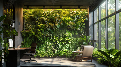 office space with hanging green plants