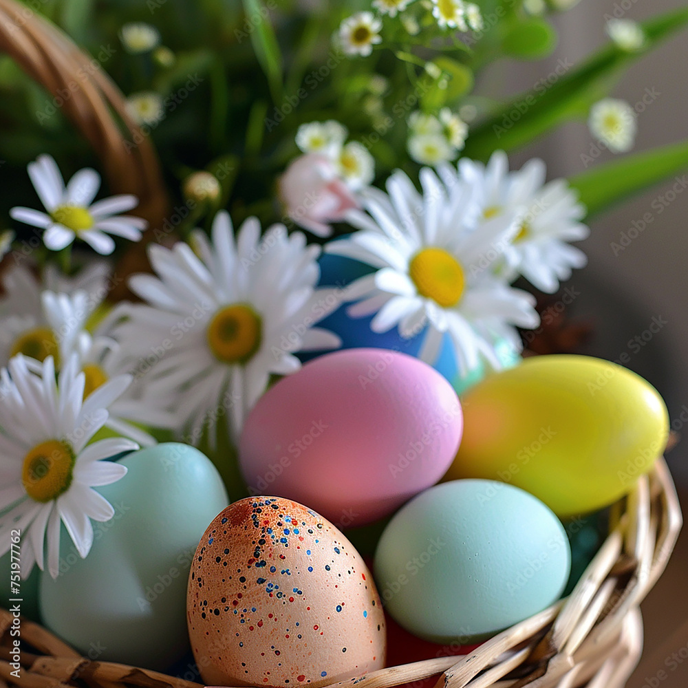 Easter eggs in a basket with daisies and chamomiles