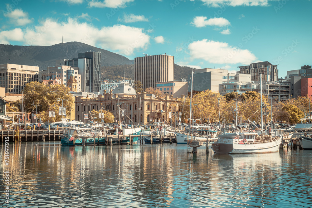 The view of the downtown Hobart in sunny days in autumn