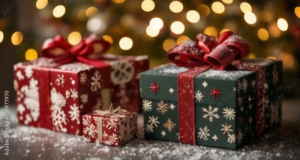 Merry Christmas - A trio of festive gift boxes, adorned with snowflakes and ribbons, ready for the holiday season Merry Christmas - A trio of festive gift boxes, adorned with snowflakes and ribbons, ready for the holiday season