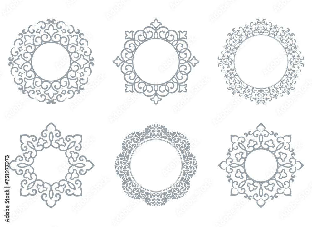 Set of decorative frames Elegant vector element for design in Eastern style, place for text. Floral gray and white borders. Lace illustration for invitations and greeting cards Set of decorative frames Elegant vector element for design in Eastern style, place for text. Floral gray and white borders. Lace illustration for invitations and greeting cards