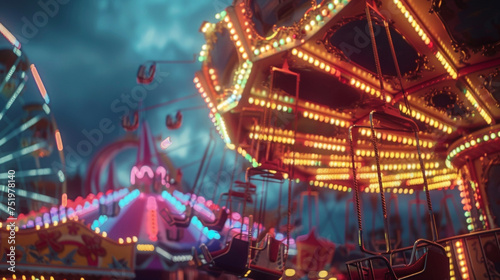 A lively carnival with rides and games all lit up by bright flashing lights against a dark sky.