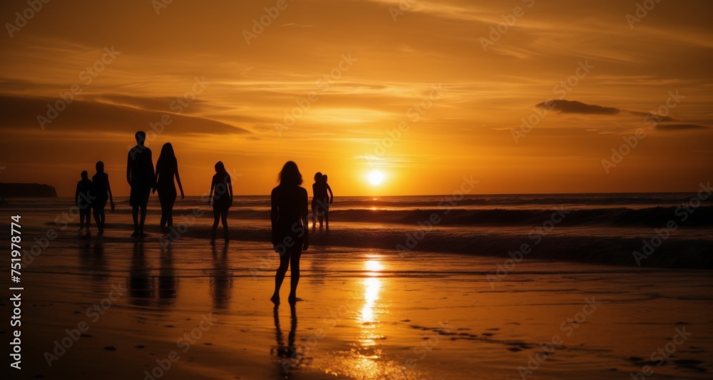  Silhouettes of surfers at sunset, beach