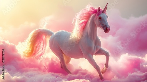 A fabulous magical unicorn with a pink mane runs through pink clouds. Dreams  magical dreams