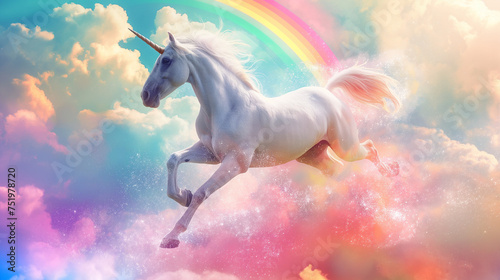 Fabulous beautiful white unicorn flies across the sky with a rainbow © Natalia S.