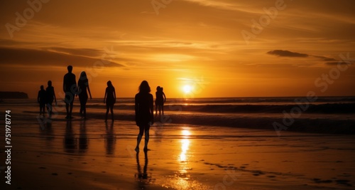  Silhouettes of surfers at sunset, beach