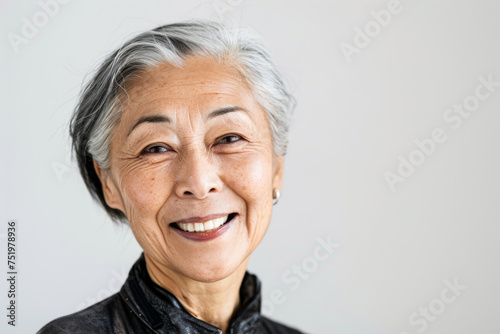 Portrait of old healthy, cheerful beautiful Asian woman smiling and looking at camera with white background. Happy aging society, retirement and senior healthcare concept
