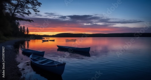  Peaceful sunset on tranquil lake with canoes