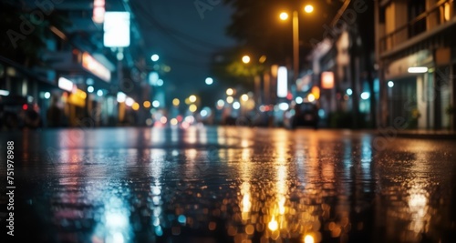  Luminous cityscape at night, with reflections dancing on wet pavement
