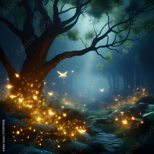 Glowing firefly in a dark enchanted forest  