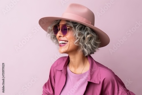 Portrait of a beautiful woman with grey hair wearing pink hat and sunglasses