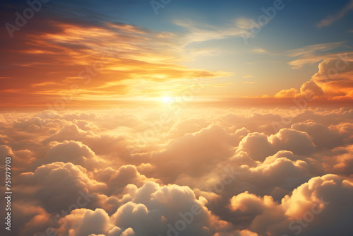 Voluminous Clouds Illuminated by a Warm Glow Set Against a Distant Landscape in a Majestic Sky