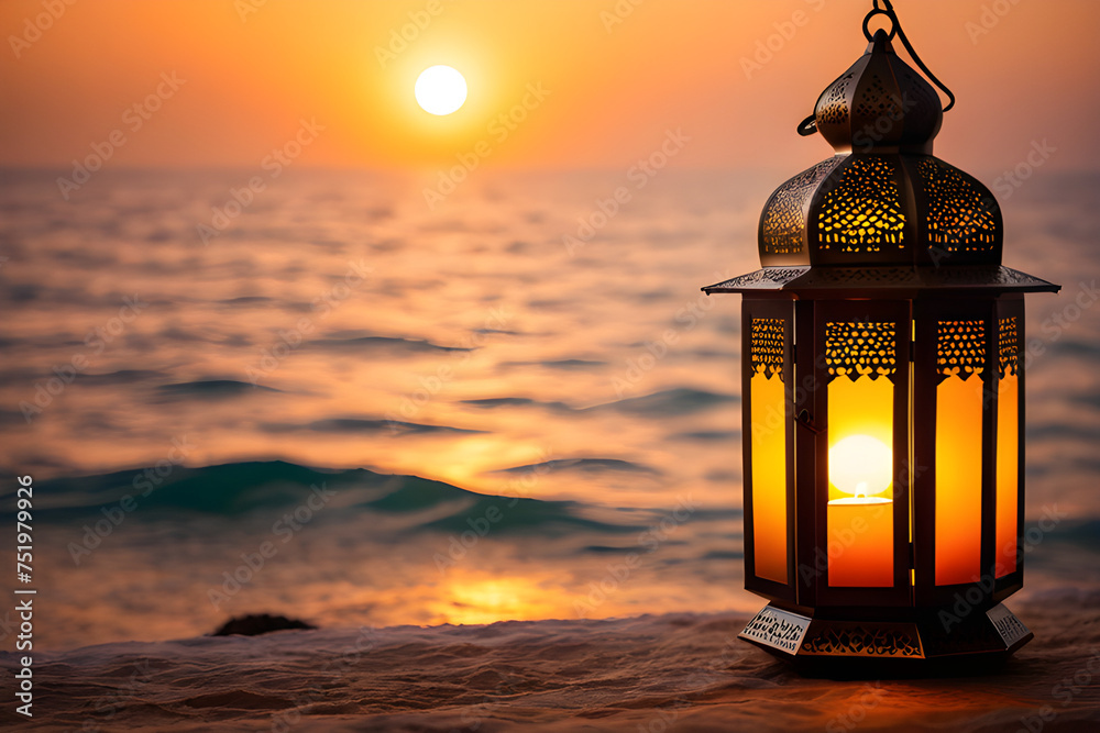 Holy month of Ramadan concept. Ramadan lantern, dates. Sunset sun over the sea on blurred background. Copy space. Lantern at sunset Holy month of Ramadan concept. Ramadan lantern, dates. Sunset sun over the sea on blurred background. Copy space. Lantern at sunset