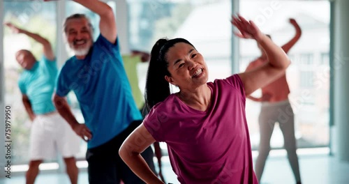 Fitness, stretching and mature people in yoga class for exercise, training and cardio workout in gym. Sports, retirement and elderly men and women warm up for wellness, pilates and health club photo