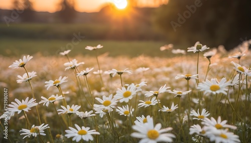 A field of daisies with the sun setting in the background soft golden