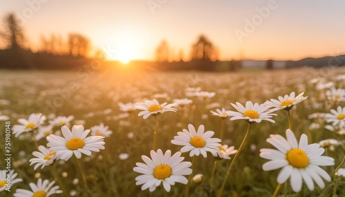 A field of daisies with the sun setting in the background soft golden