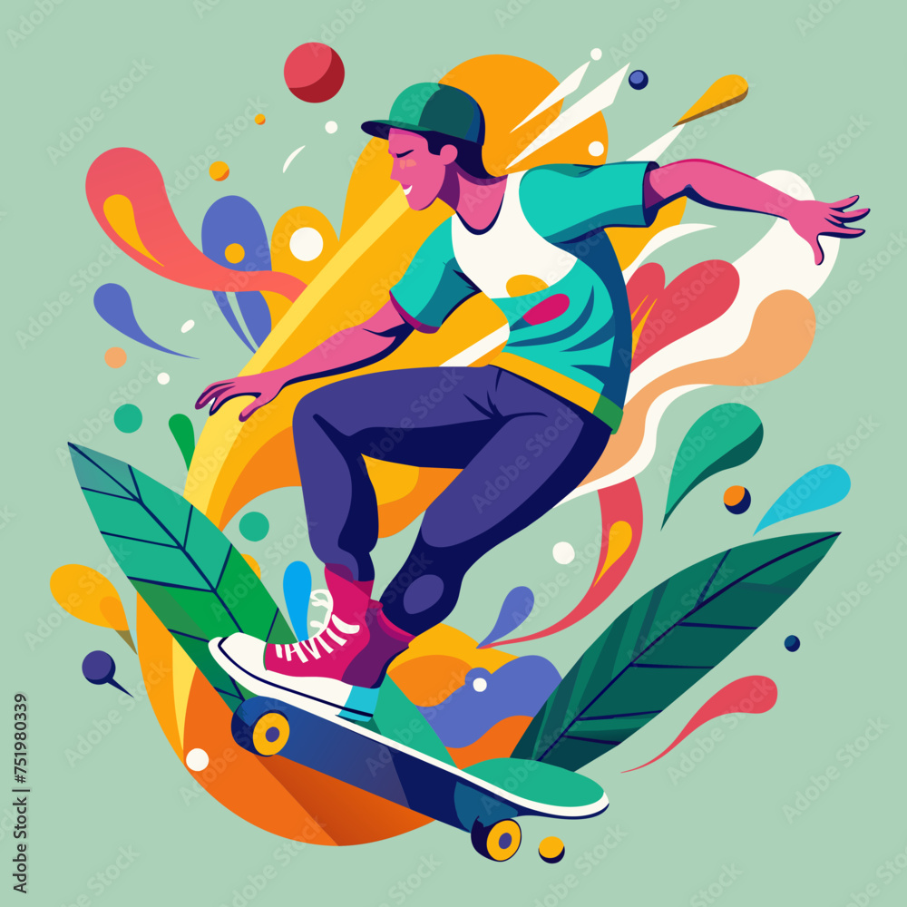 Tshirt sticker Design a graphic featuring a stylized skateboarder executing a trick, surrounded by abstract shapes and splashes of color.