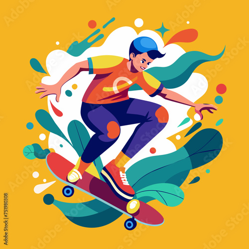 Tshirt sticker Design a graphic featuring a stylized skateboarder executing a trick, surrounded by abstract shapes and splashes of color.