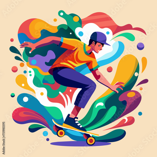 Tshirt sticker Design a graphic featuring a stylized skateboarder executing a trick, surrounded by abstract shapes and splashes of color.