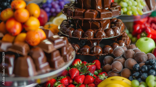 A rainbow of vibrant fruits and candies surrounding the base of the chocolate fountain ready to be transformed into sweet chocolatecovered delights.