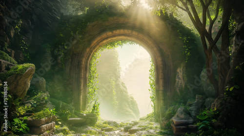 Otherworldly portal  Mystical door  revealing lush greenery  beauty unveiled