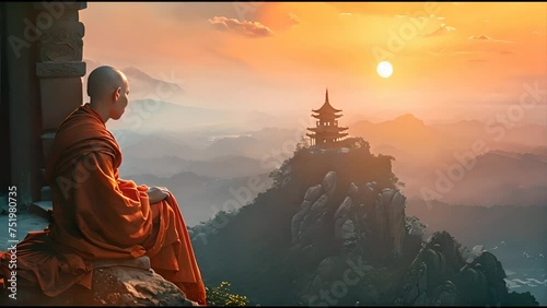 A monk in orange robes sits in contemplation facing a stunning sunset that envelops the mountainous landscape and distant pagoda. photo