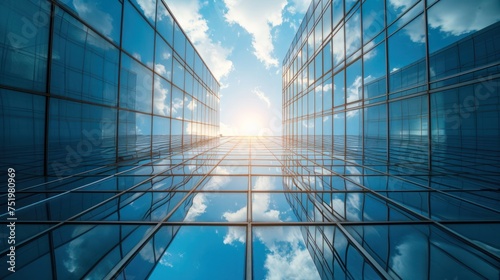 Modern office building or business center. High-rise window buildings made of glass reflect the clouds and the sunlight. empty street outside  wall modernity civilization. growing up business