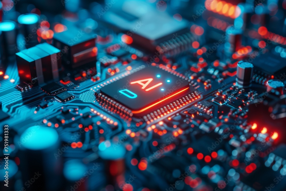 Circuit Board CPU or GPU Processor Microchip Starting Artificial Intelligence of Neural Networking and Cloud Computing