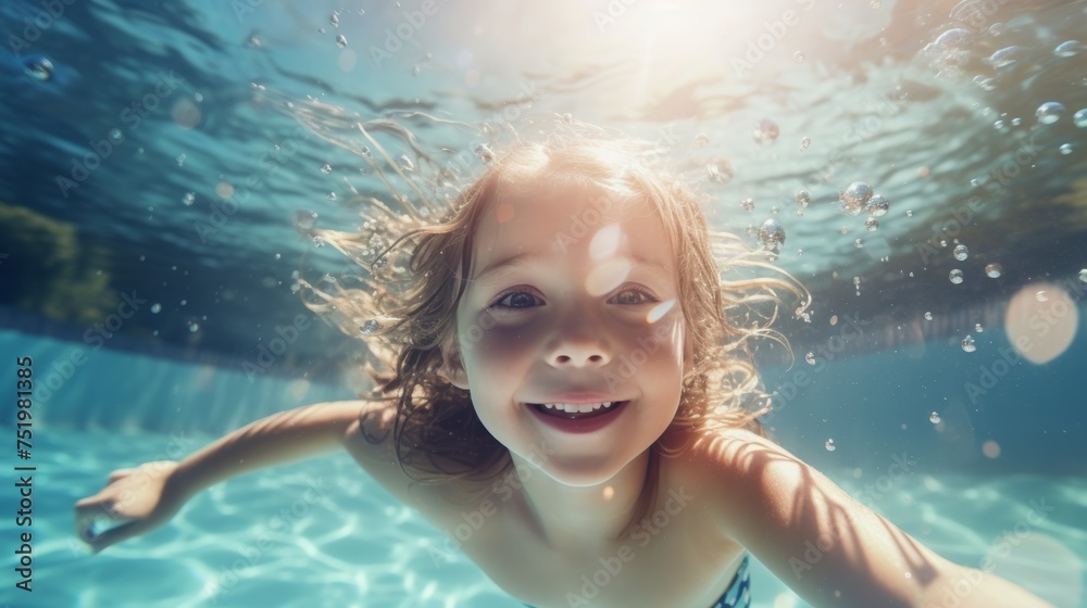 Cute smiling child having fun swimming and diving in the pool at the resort on summer vacation. Sun shines under water and sparkling water reflection. Activities and sports to happy kid - obrazy, fototapety, plakaty 