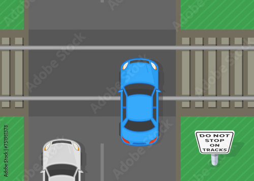 Safe driving tips and traffic regulation rules. Top view of a car stopped on the railroad tracks. Do not drive on tracks sign. Flat vector illustration template.