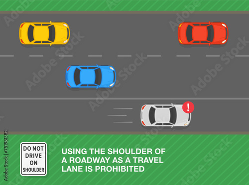 Safe driving tips and traffic regulation rules. Using the shoulder of a roadway as a travel lane is prohibited. Top view of a traffic flow on highway. Flat vector illustration template.