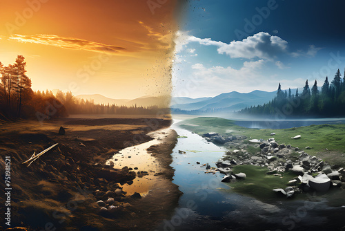 A split image showcasing a polluted environment on one side and a pristine natural landscape on the other  highlighting the impact of human actions  generative ai