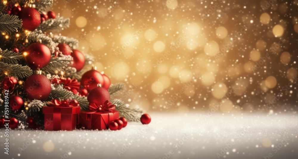 Merry Christmas - A festive scene with a beautifully decorated tree and falling snowflakes Merry Christmas - A festive scene with a beautifully decorated tree and falling snowflakes