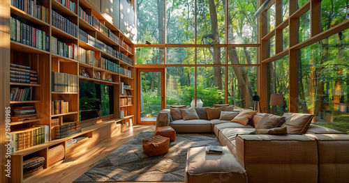 Interior of a living room with bookshelves and a large window professional photography