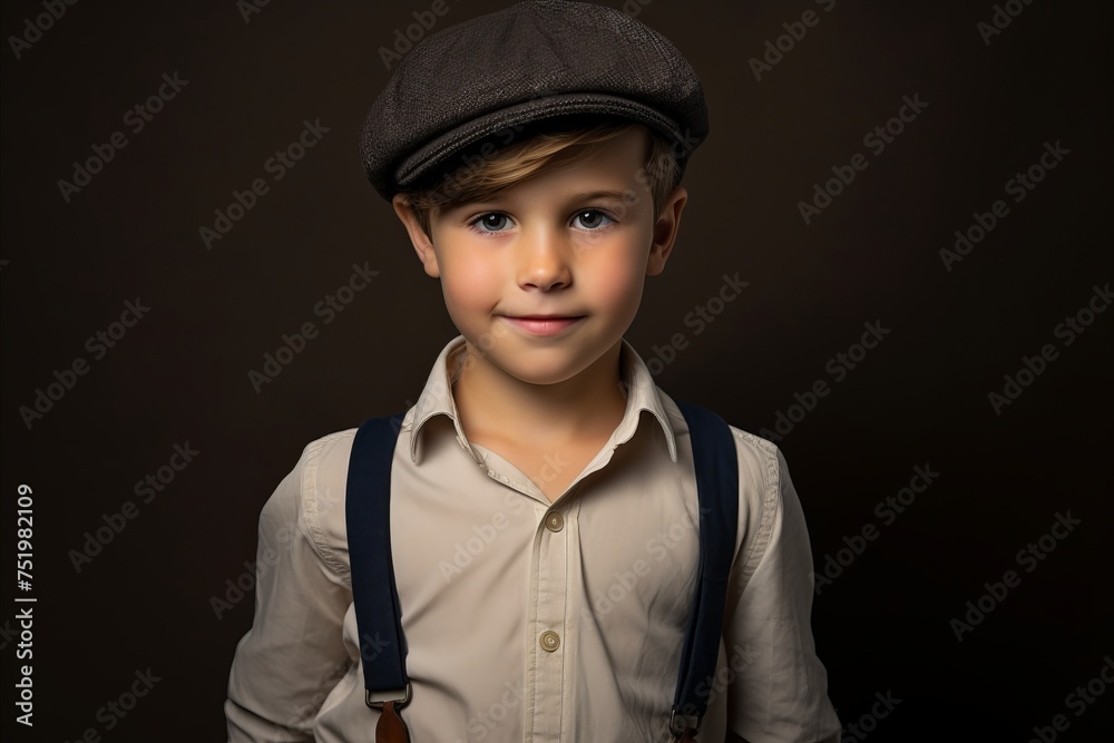 Portrait of a boy in a cap and suspenders. Studio shot.