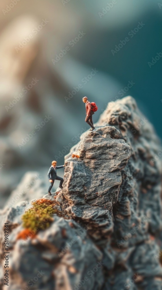 miniatures people climbing mountains together miniatures people climbing mountains together