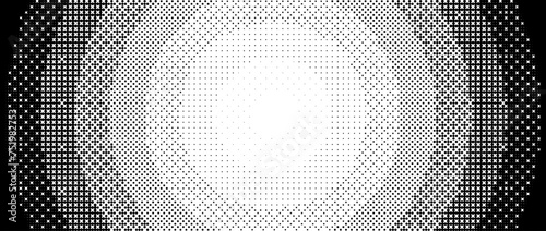 Radial pixelated gradient texture. Black and white dithered round gradation. Retro circle video game background. Halftone 8 bit wallpaper. Vintage circular pixel art. Vector bitmap overlay backdrop