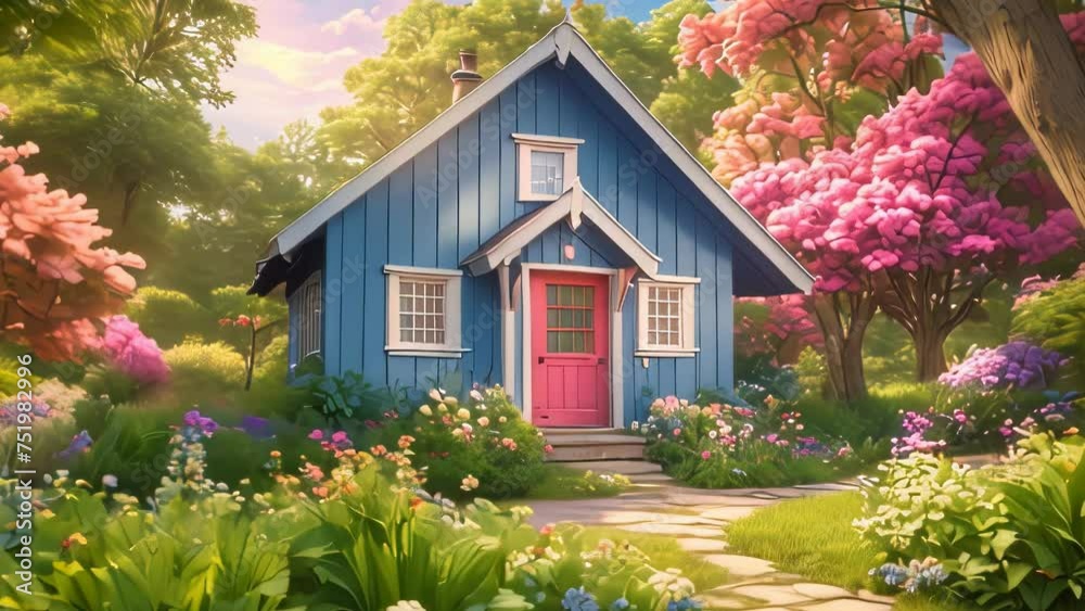 Video animation of quaint blue cottage with a vibrant red door, nestled ...
