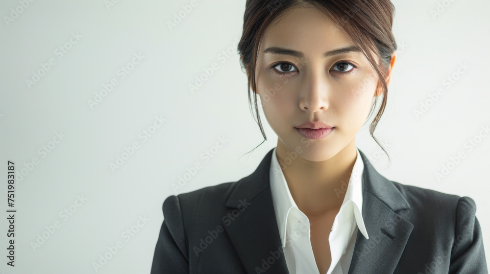 Beautiful studio portrait of young, stylish asian executive businesswoman wearing black blazer suit, looking at camera with confidence on white background. Beautiful studio portrait of young, stylish asian executive businesswoman wearing black blazer suit, looking at camera with confidence on white background.