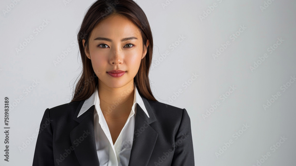 Beautiful studio portrait of young, stylish asian executive businesswoman wearing black blazer suit, looking at camera with confidence on white background. Beautiful studio portrait of young, stylish asian executive businesswoman wearing black blazer suit, looking at camera with confidence on white background.