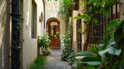 A narrow alleyway leading to a hidden entrance of a townhouse with a small wooden door and a stone arch overhead.