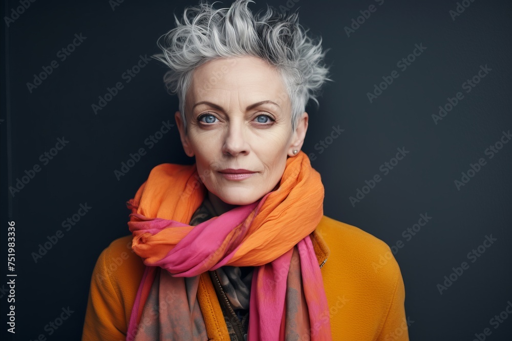 Beautiful senior woman with short gray hair wearing orange scarf and looking at camera Beautiful senior woman with short gray hair wearing orange scarf and looking at camera
